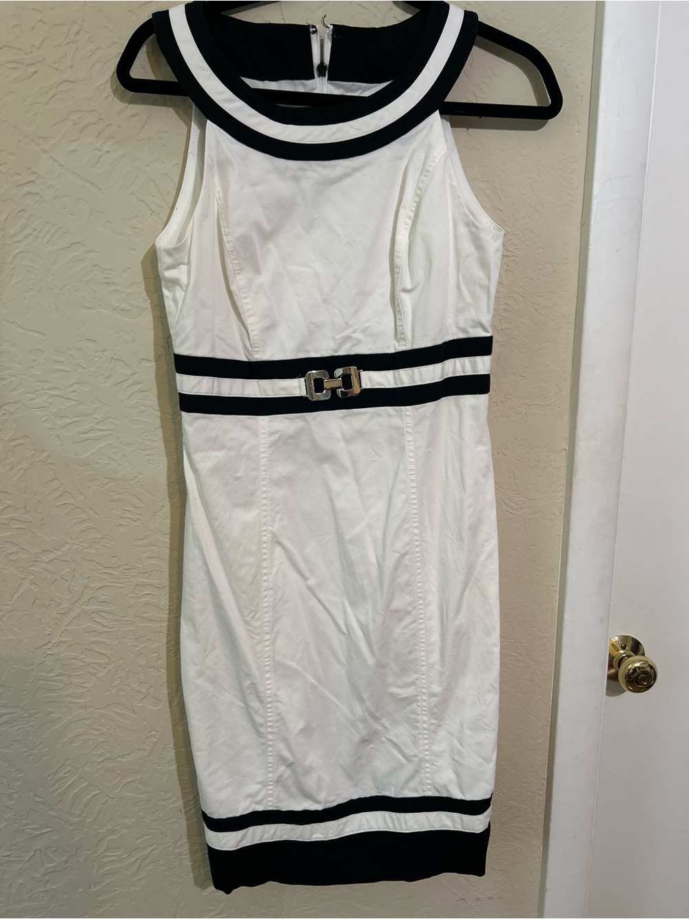 White House Black Market White Dress with Black Trim and Silver Buckle
